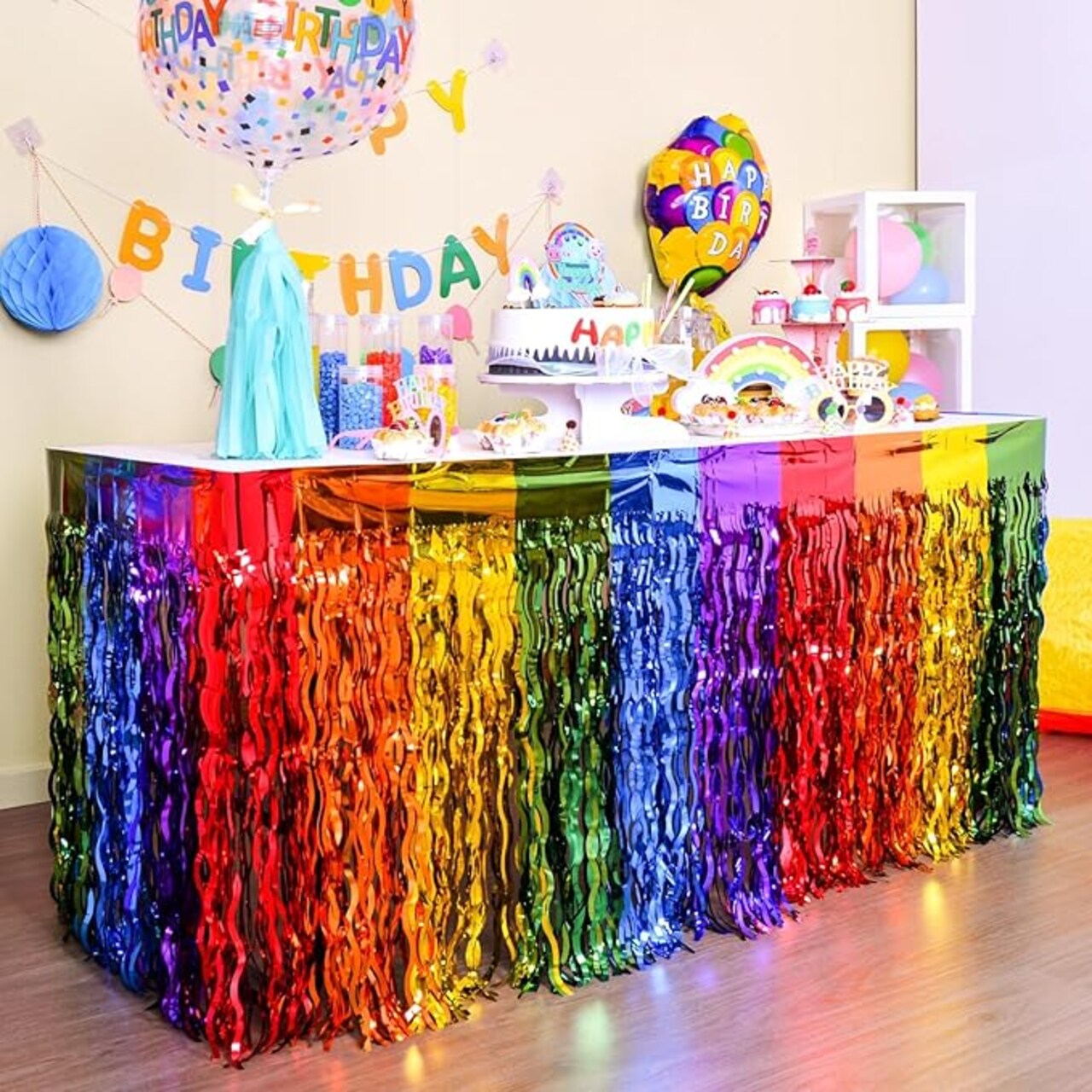 2 Pack Rainbow Wavy Metallic Tinsel Table Skirts – 108x29.5 Inches Foil Fringe Party Table Decorations – Self-Adhesive Rainbow Pride Month, Birthday, Wedding, & Parade Float Supplies